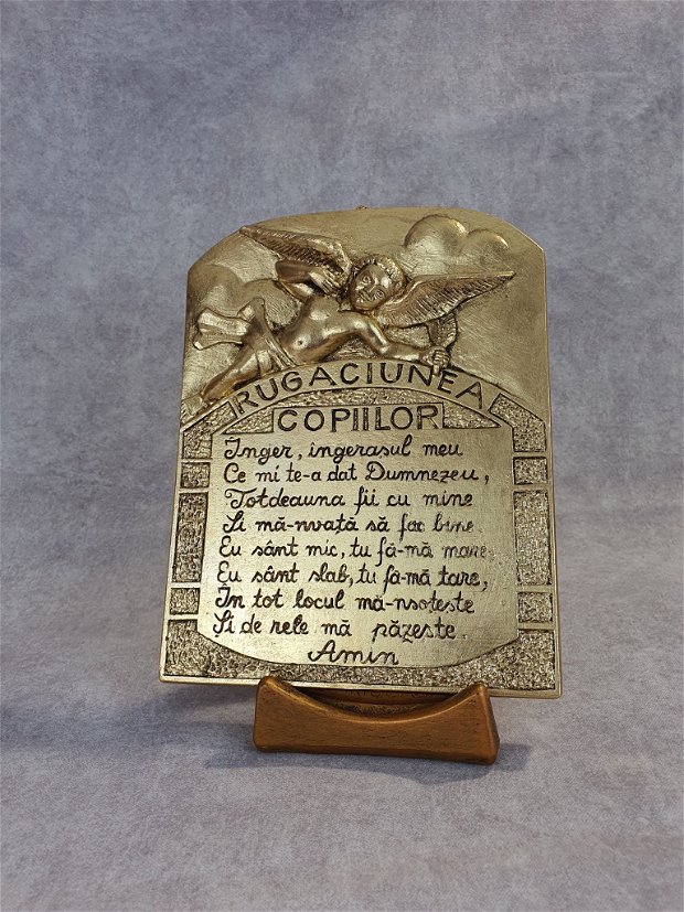 Icoană rugăciunea copiilor-Plachetă din ceramică, cu un aspect vintage și acoperită cu foiță de aur