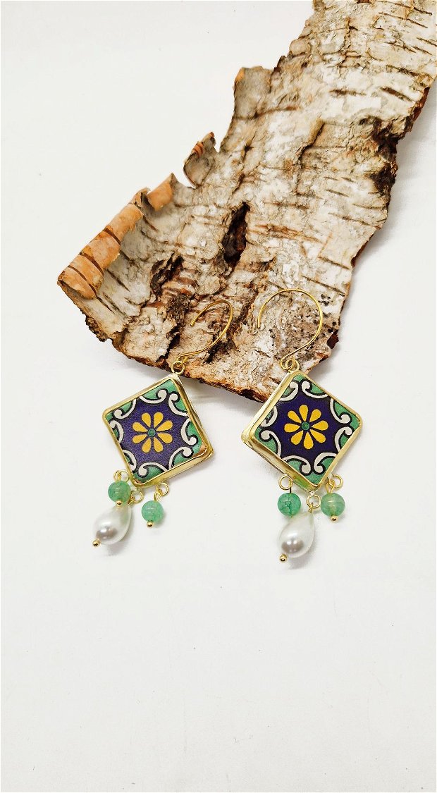 Cercei din inox, alama si ceramica "Imperial Jade" cu jad si margele de sticla