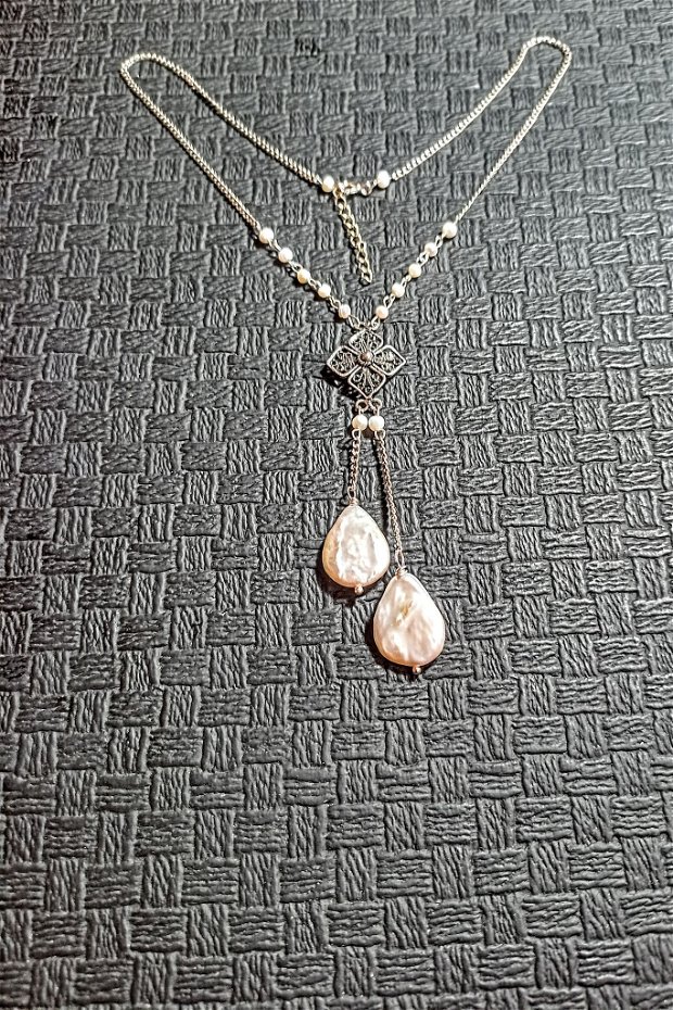 Colier argint perle naturale de cultura perle baroc asimetric minimalist stil vintage boho chic trendy - Transport gratuit