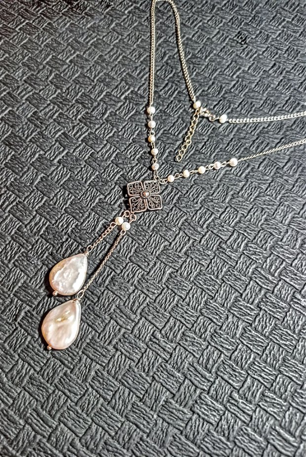 Colier argint perle naturale de cultura perle baroc asimetric minimalist stil vintage boho chic trendy - Transport gratuit