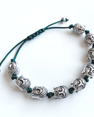 BRATARA UNISEX MASIVA ARGINTIE BUDDHA PE SNUR VERDE DE MATASE