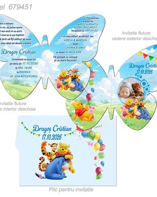 Invitatii botez fluture Winnie the Pooh