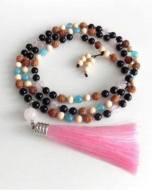 Colier Mala 108+1*Rudraksha+Onix+CuartRoz+Lemn+Angelit*Meditatie si rugaciune