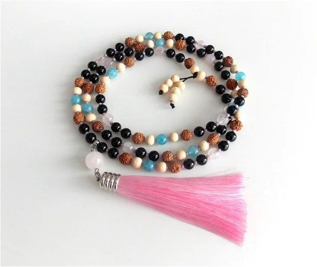 Colier Mala 108+1*Rudraksha+Onix+CuartRoz+Lemn+Angelit*Meditatie si rugaciune