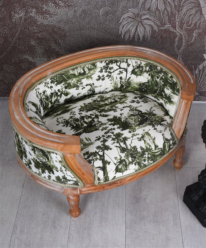 Canapea pentru caine din lemn masiv cu tapiterie alb cu verde
