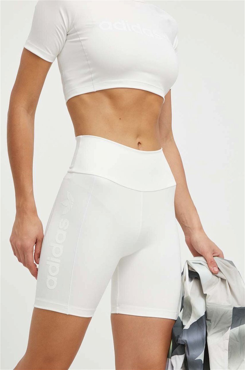 adidas Originals pantaloni scurti femei, culoarea alb, neted, high waist, IR5280
