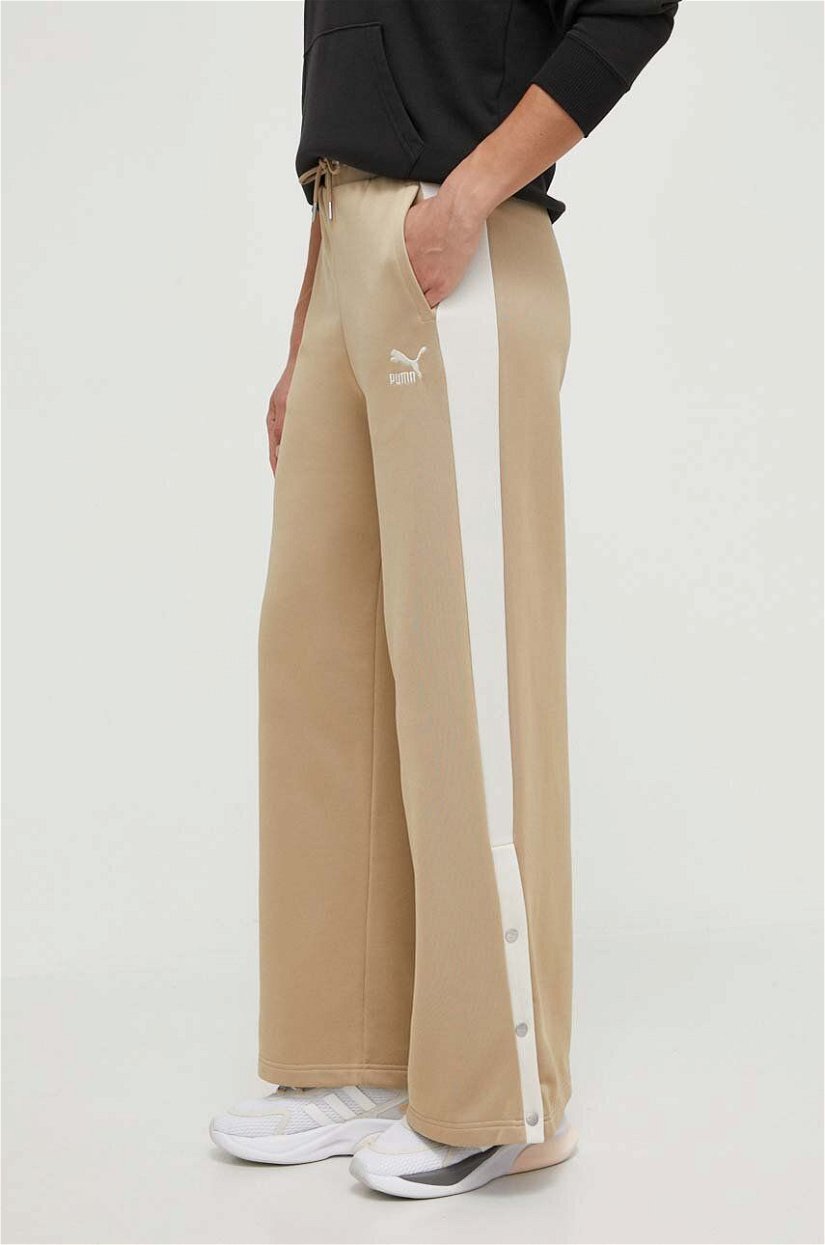 Puma pantaloni de trening T7 culoarea bej, cu imprimeu, 625025