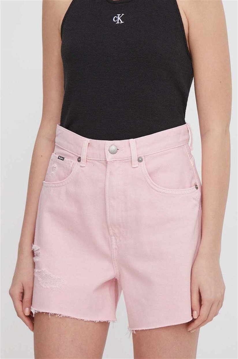 Pepe Jeans pantaloni scurti jeans femei, culoarea roz, neted, high waist