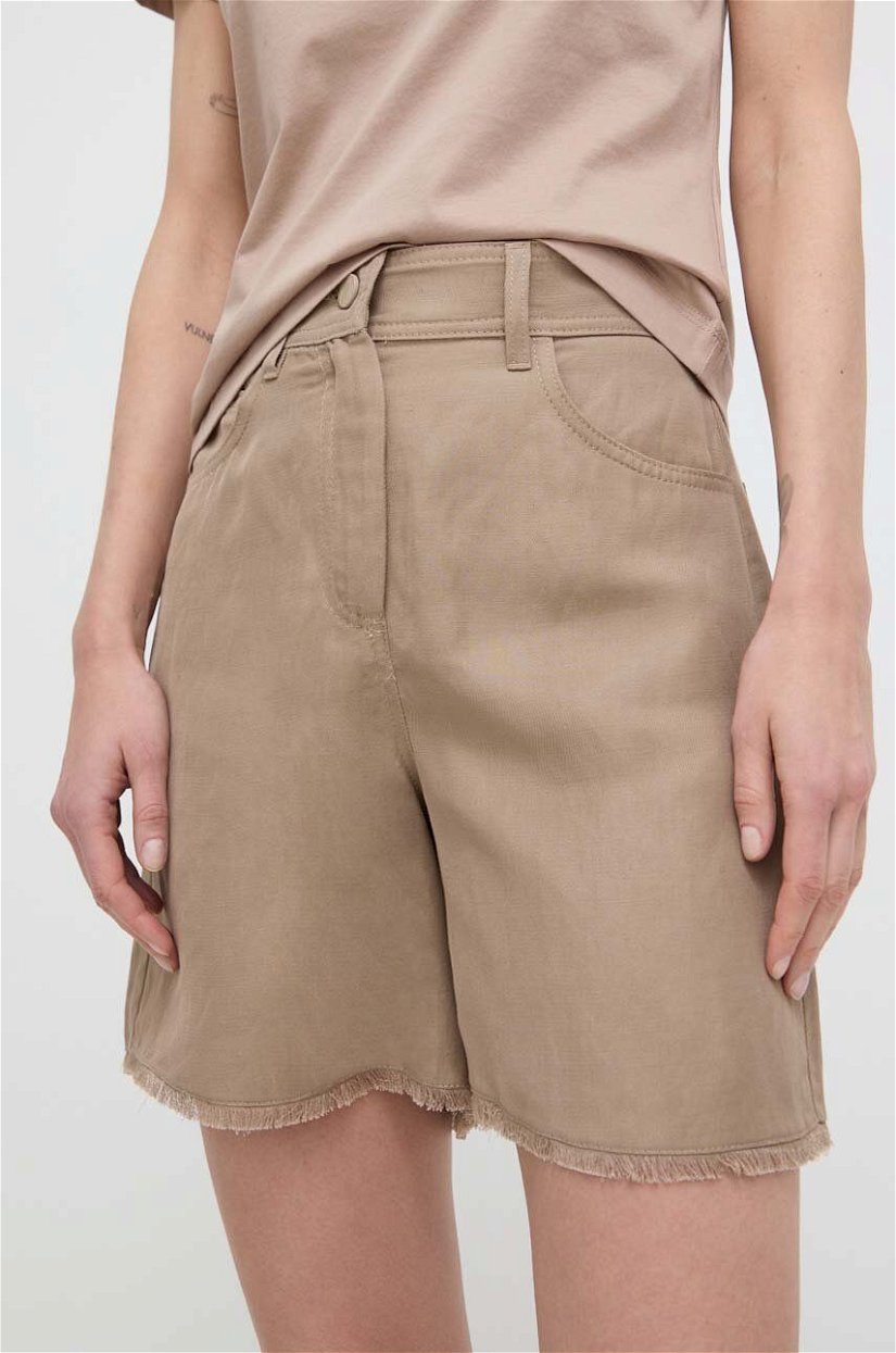 Marella pantaloni scurți din amestec de in culoarea bej, neted, high waist
