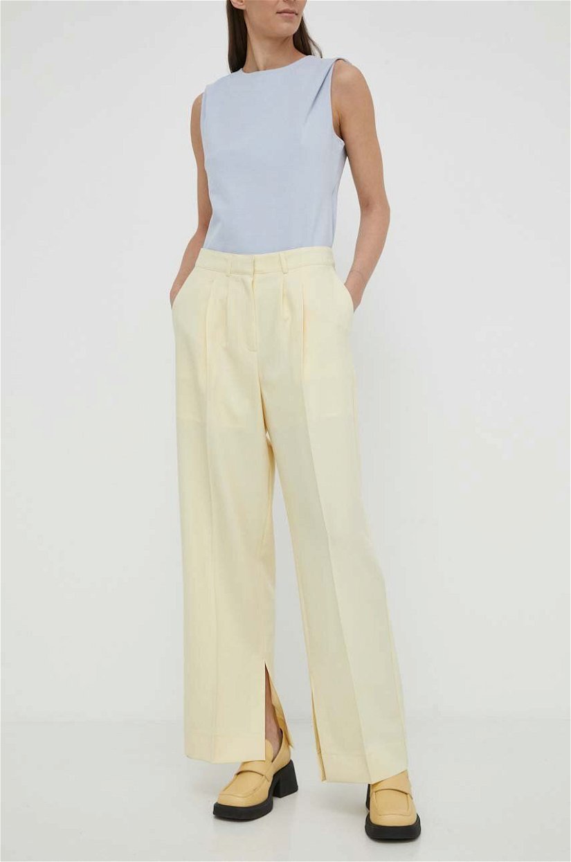 Herskind pantaloni femei, culoarea galben, lat, high waist