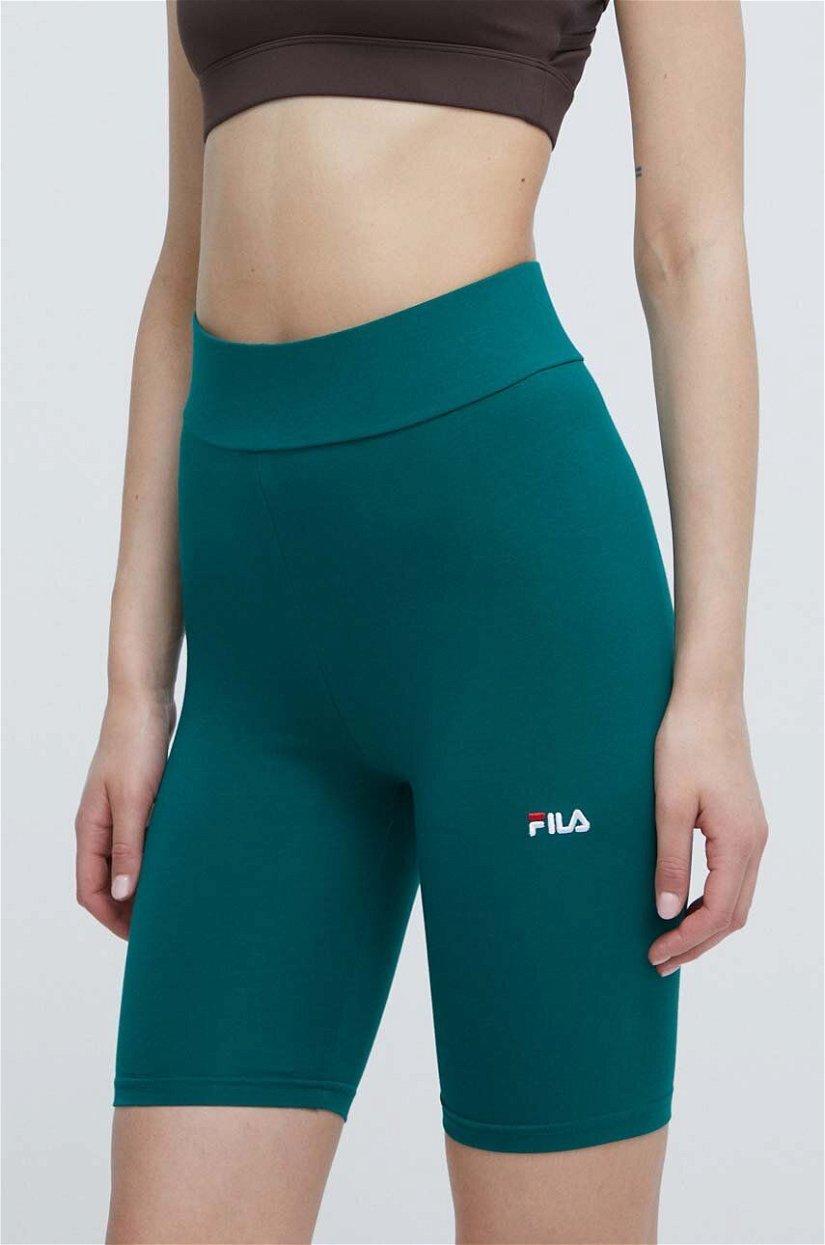 Fila pantaloni scurti femei, culoarea verde, neted, high waist