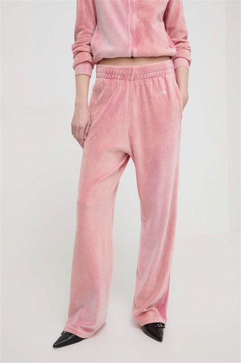 Diesel pantaloni de trening din velur culoarea roz, drept, high waist