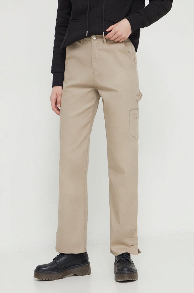 Sixth June pantaloni de bumbac culoarea bej, fason cargo, high waist