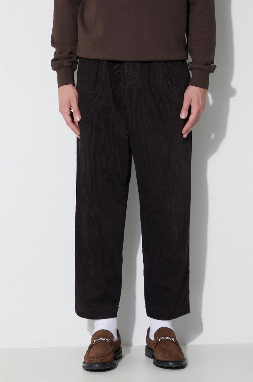 Universal Works pantaloni de catifea cord PLEATED TRACK PANT culoarea maro, drept, 29519
