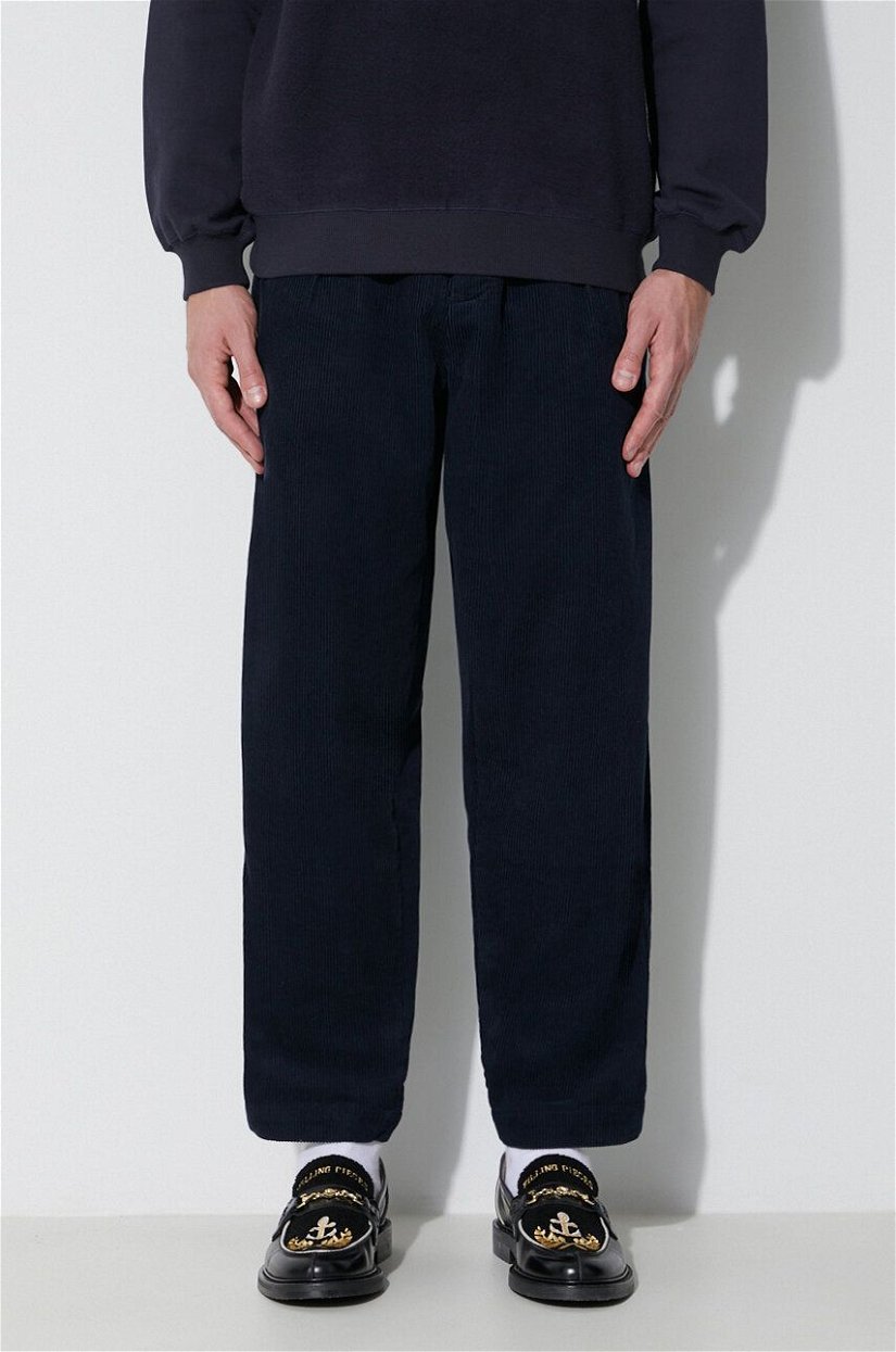 Universal Works pantaloni de catifea cord PLEATED TRACK PANT culoarea bleumarin, drept, 29519 29519