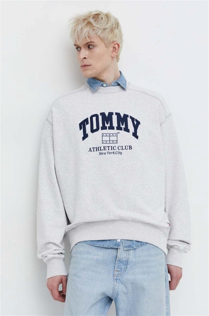 Tommy Jeans hanorac de bumbac barbati, culoarea gri, melanj