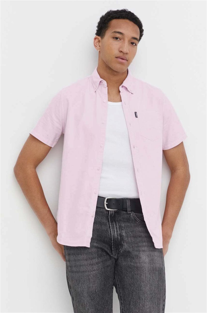 Superdry camasa din bumbac barbati, culoarea roz, cu guler clasic, regular