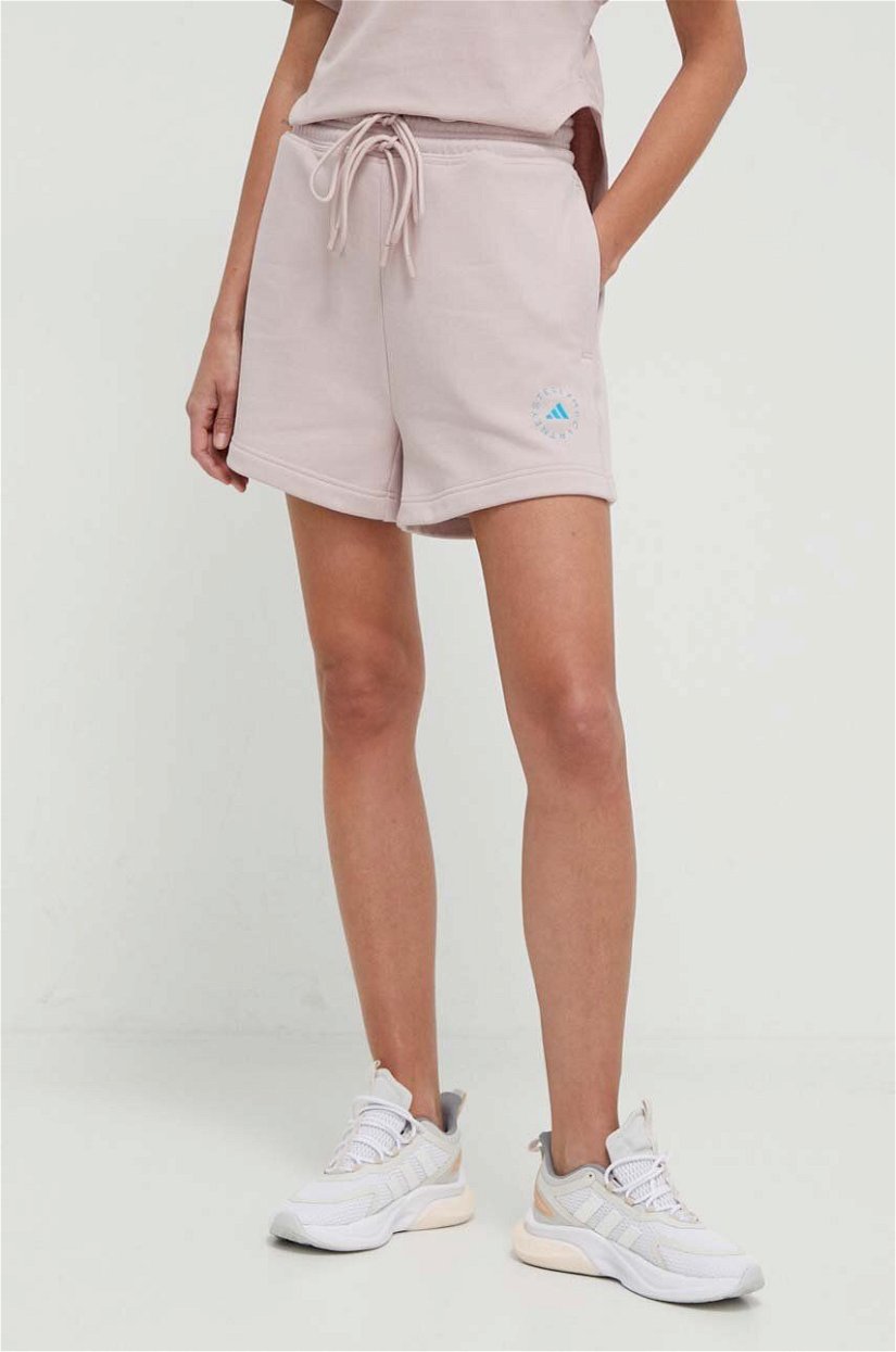 adidas by Stella McCartney pantaloni scurți femei, culoarea roz, cu imprimeu, high waist IS1217