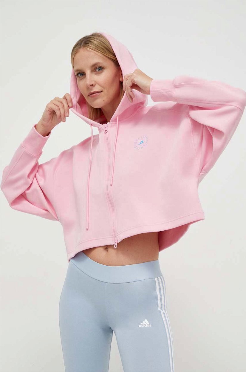 adidas by Stella McCartney bluză trening culoarea roz, cu glugă, cu imprimeu IT2538