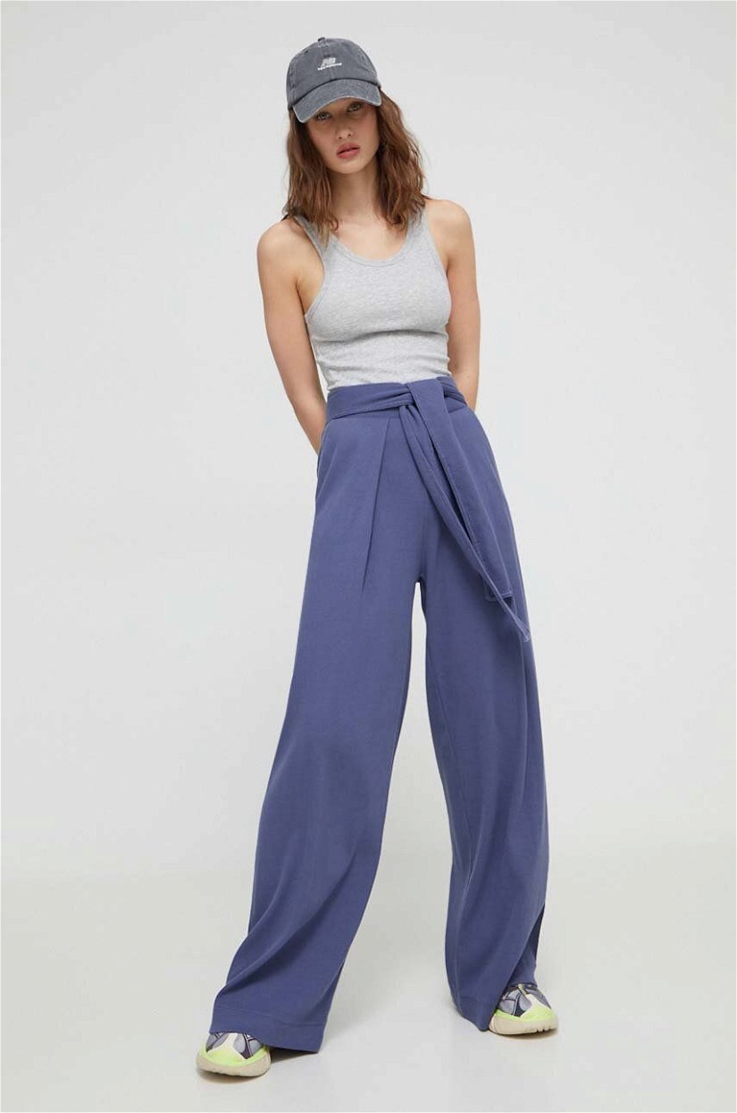 Desigual pantaloni femei, culoarea albastru marin, lat, high waist