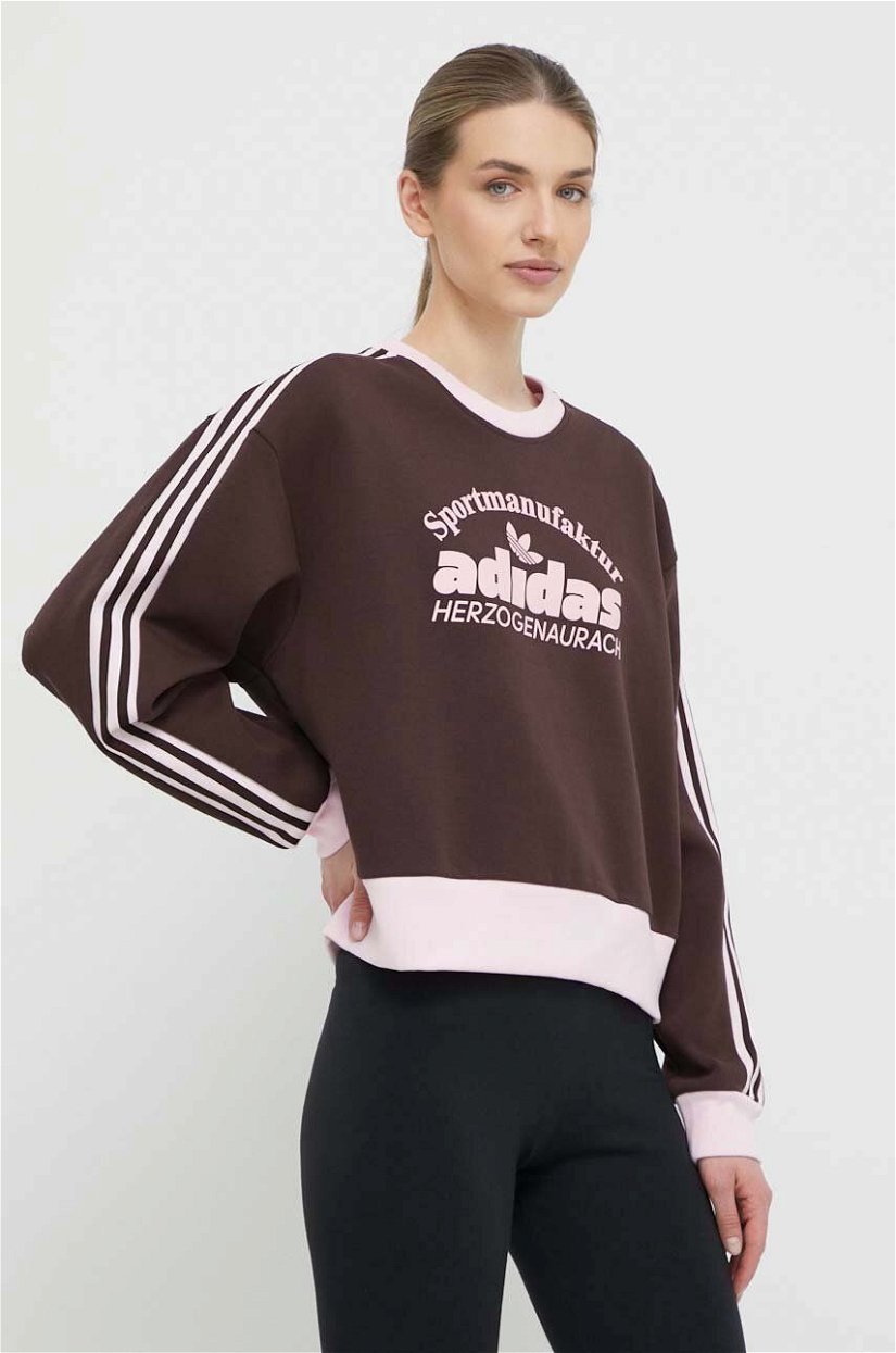 adidas Originals bluză femei, culoarea maro, cu imprimeu IR6098