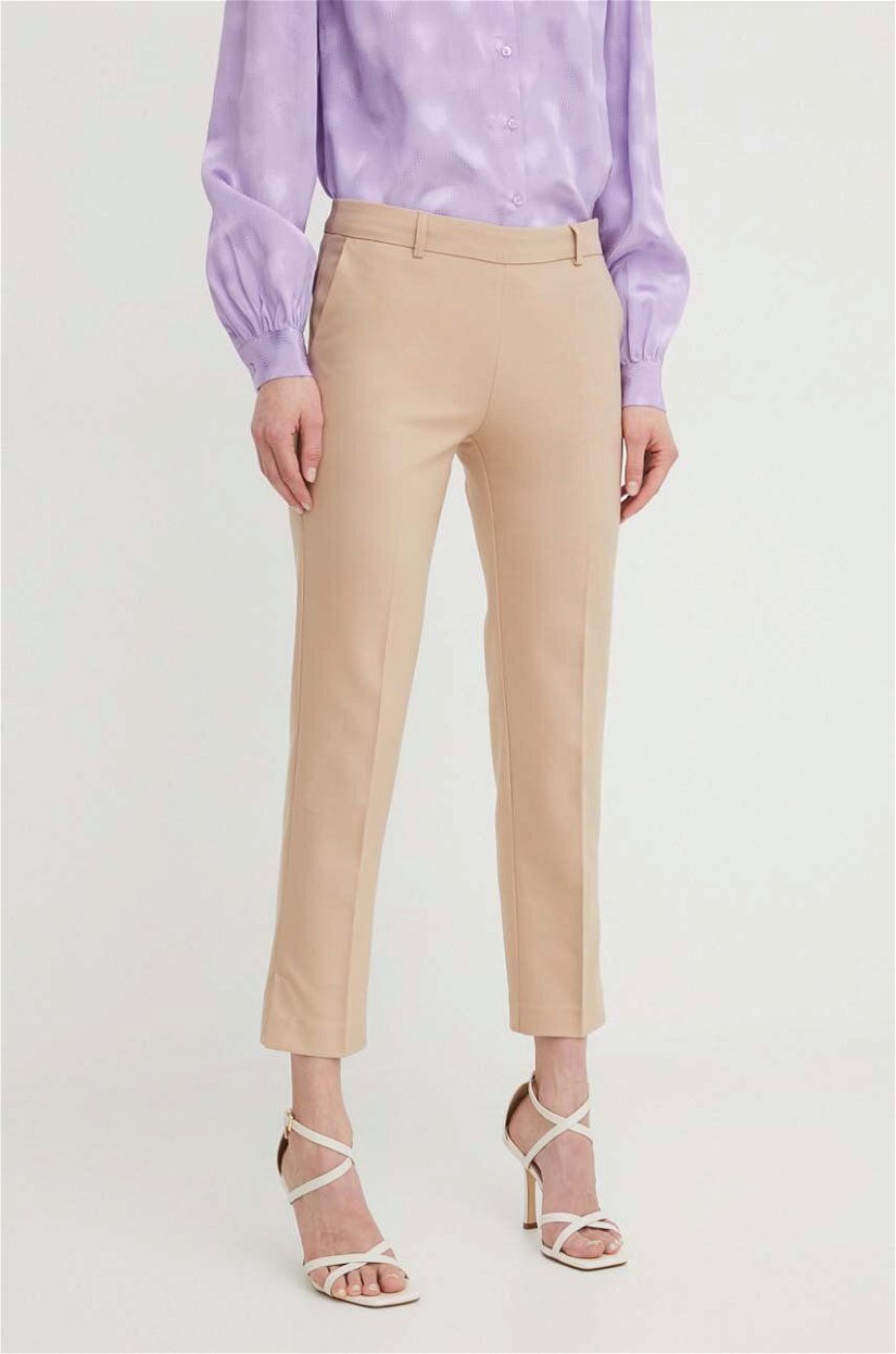 Morgan pantaloni femei, culoarea bej, mulata, high waist
