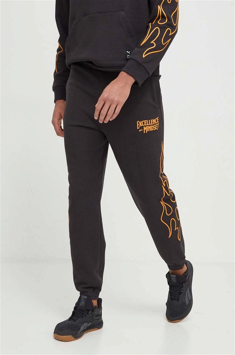 Puma pantaloni de trening din bumbac culoarea negru, cu imprimeu 624761