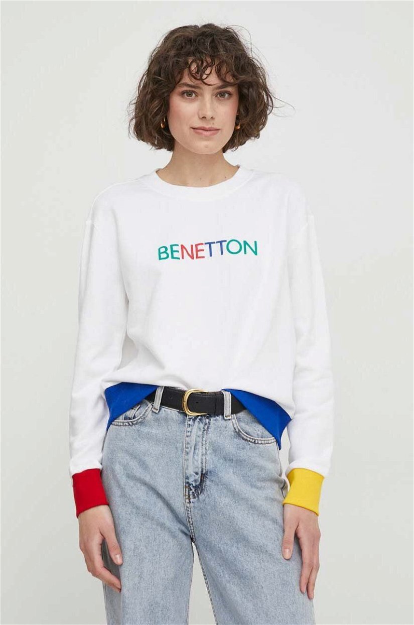United Colors of Benetton hanorac de bumbac femei, culoarea alb, cu imprimeu