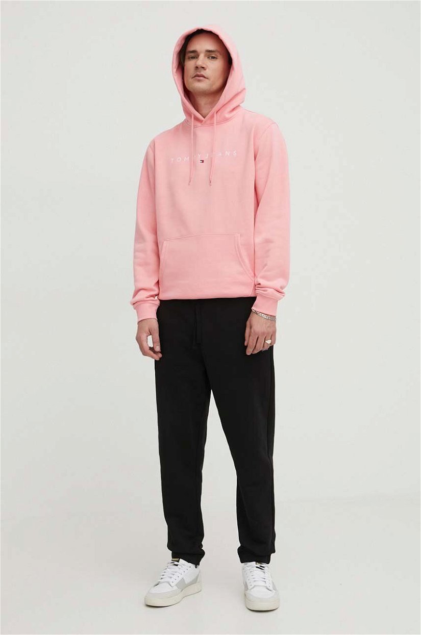 Tommy Jeans bluza barbati, culoarea roz, cu glugă, cu imprimeu