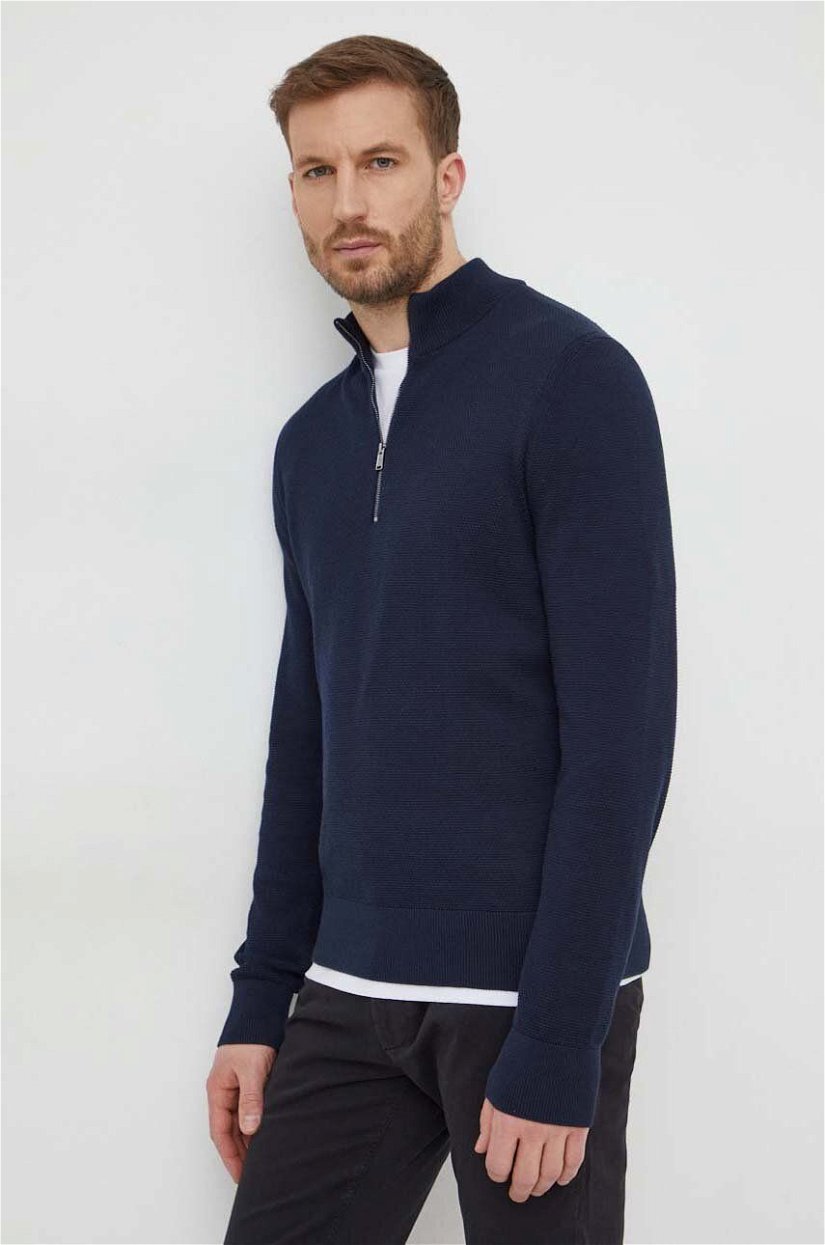 BOSS pulover de bumbac culoarea albastru marin, light, cu turtleneck