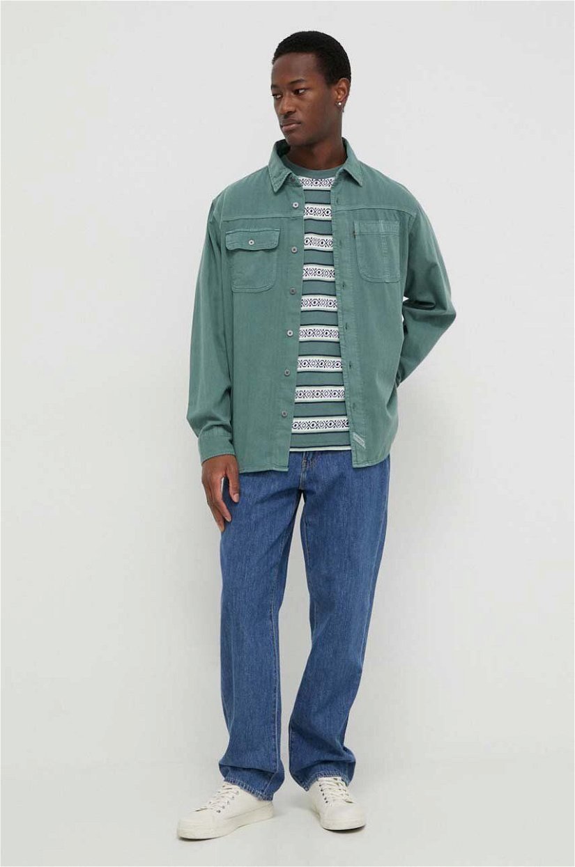 Levi's camasa jeans barbati, culoarea verde, cu guler clasic, relaxed