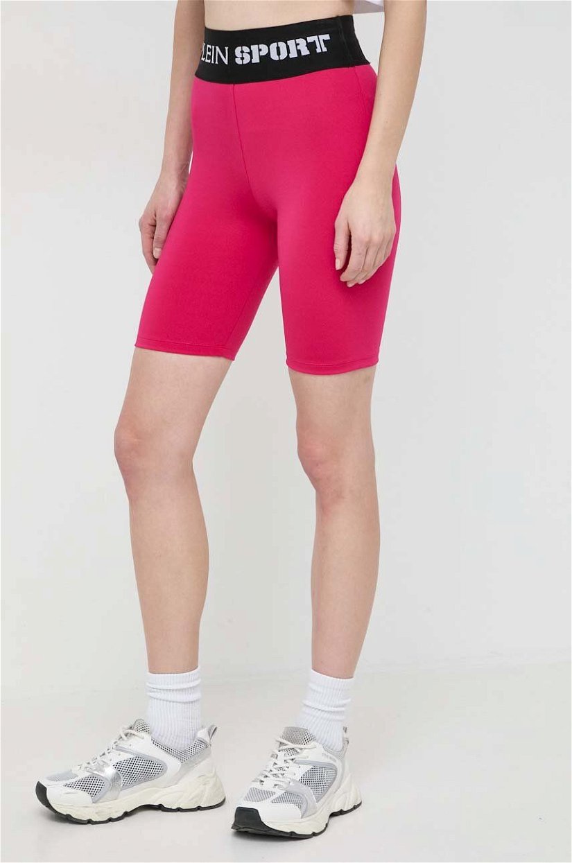 PLEIN SPORT pantaloni scurti femei, culoarea roz, cu imprimeu, high waist