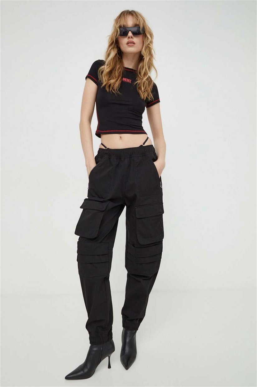 Diesel pantaloni femei, culoarea negru, fason cargo, high waist