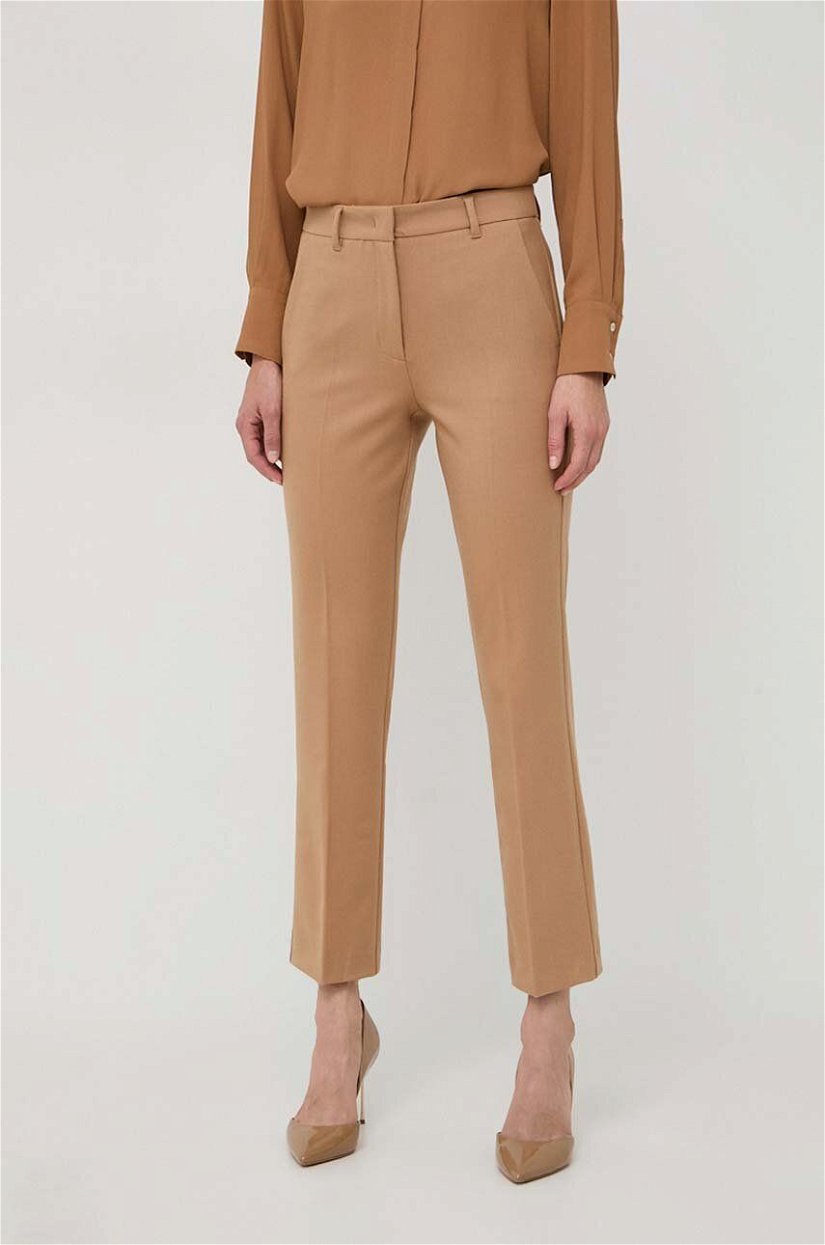 Marella pantaloni din lana culoarea maro, fason tigareta, high waist