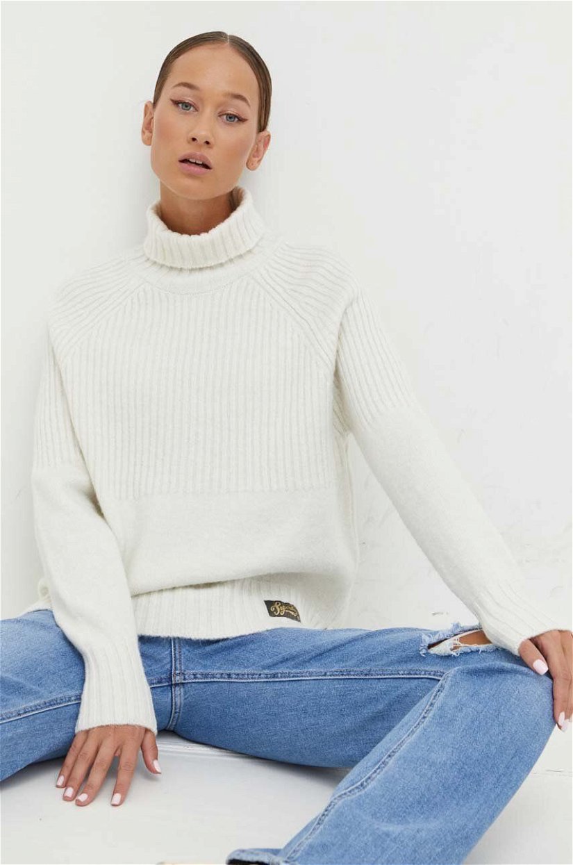 Superdry pulover din amestec de lana femei, culoarea alb, cu guler