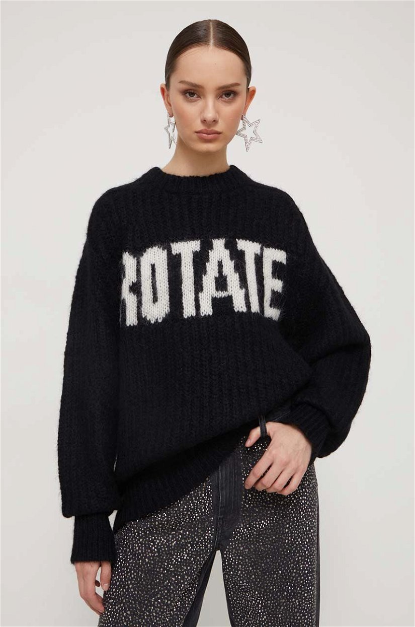 Rotate pulover de lana femei, culoarea negru, călduros