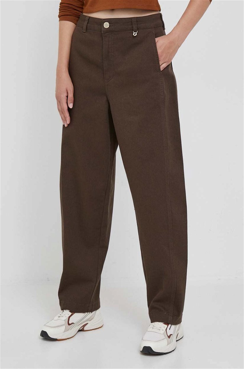 Mos Mosh pantaloni femei, culoarea maro, lat, high waist