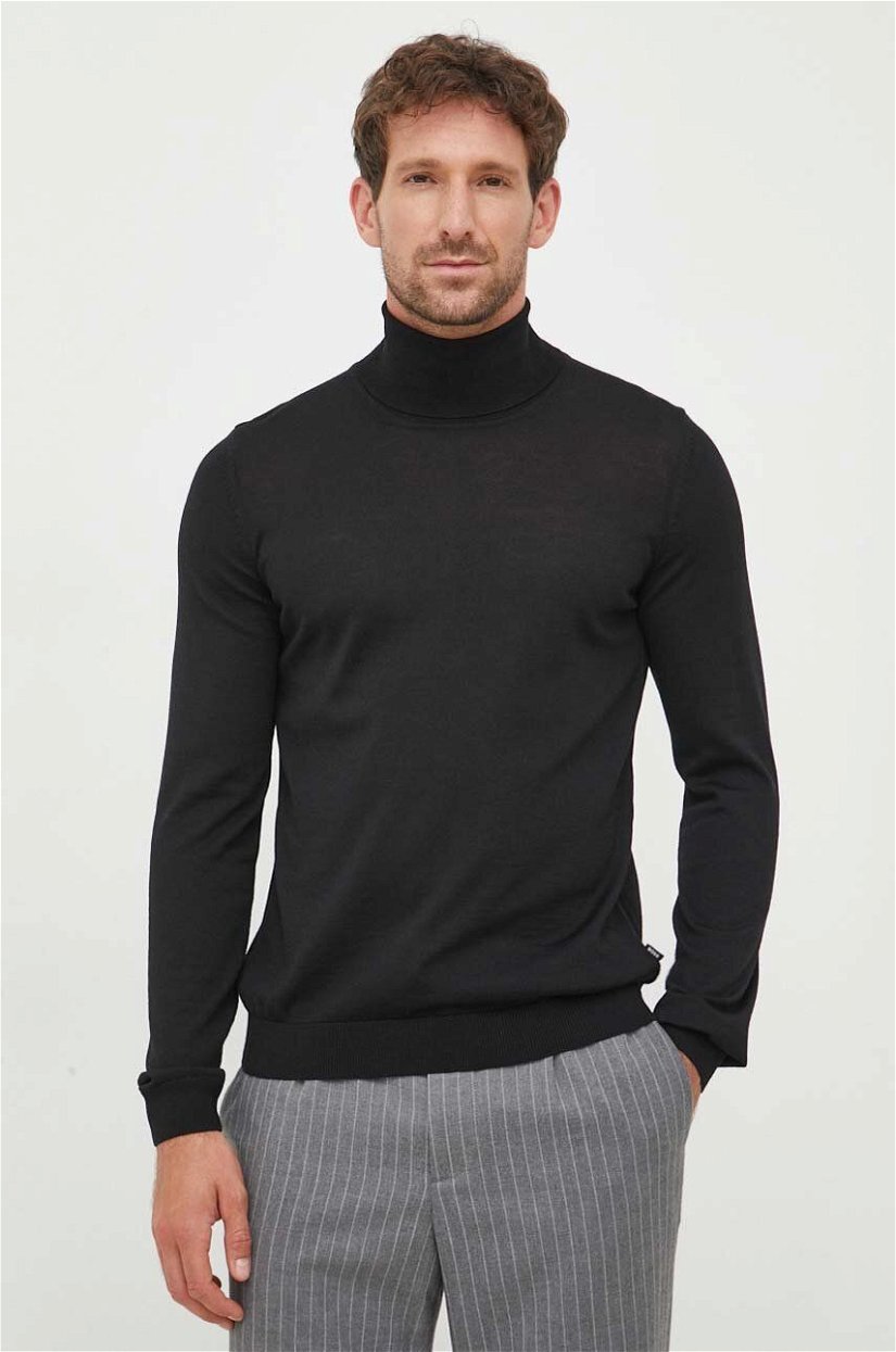 BOSS pulover de lana barbati, culoarea negru, light, cu guler