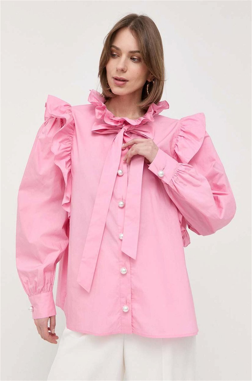 Custommade camasa din bumbac femei, culoarea roz, cu guler clasic, relaxed