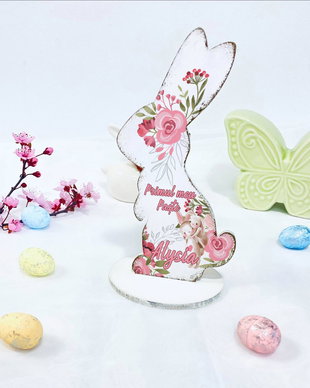 Decoratiune din lemn - Iepuras de Paste personalizat - modele roz
