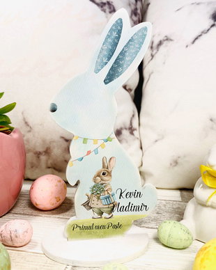 Decoratiune din lemn - Iepuras de Paste personalizat - Modele baieti
