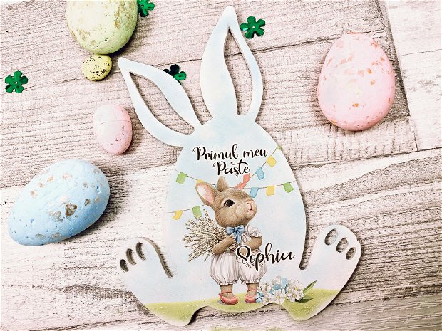 Decoratiune din lemn - Iepuras poznas de Paste personalizat - Charming Bunny