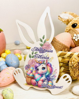 Decoratiune din lemn - Iepuras poznas de Paste personalizat - Model Unicorn