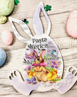 Decoratiune din lemn - Iepuras poznas de Paste personalizat