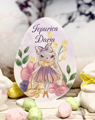 Decoratiune din lemn - Ou de Paste personalizat cu suport - Sweet bunny