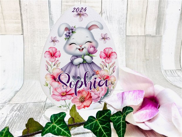 Decoratiune din lemn - Ou de Paste personalizat cu suport - Sweet bunny