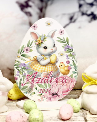 Decoratiune din lemn - Ou de Paste personalizat cu suport - Sweet bunny