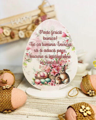 Decoratiune din lemn - Ou de Paste pe suport personalizat cu mesaj