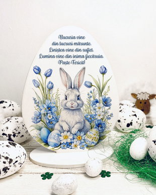 Decoratiune din lemn - Ou de Paste pe suport personalizat cu mesaj