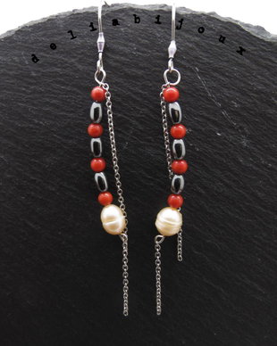 Cercei handmade - perle, coral si hematit (cod1005)